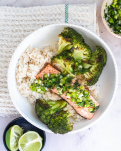 lime roasted salmon broccoli and coconut rice