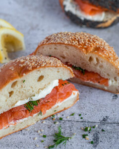 Homemade bagels with cream cheese and smoked salmon