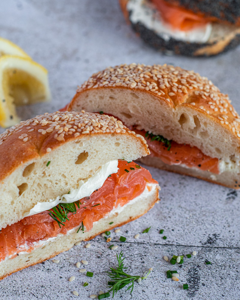 Homemade bagels with cream cheese and smoked salmon